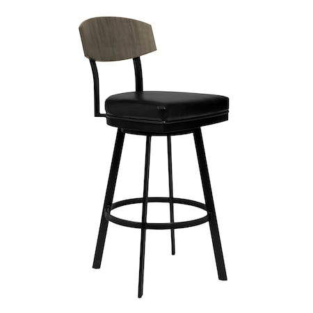 Armen Living Frisco 26" Counter Height Barstool in Matte Black Finish with Black Faux Leather and Gray Walnut LCFRBAGWVB26